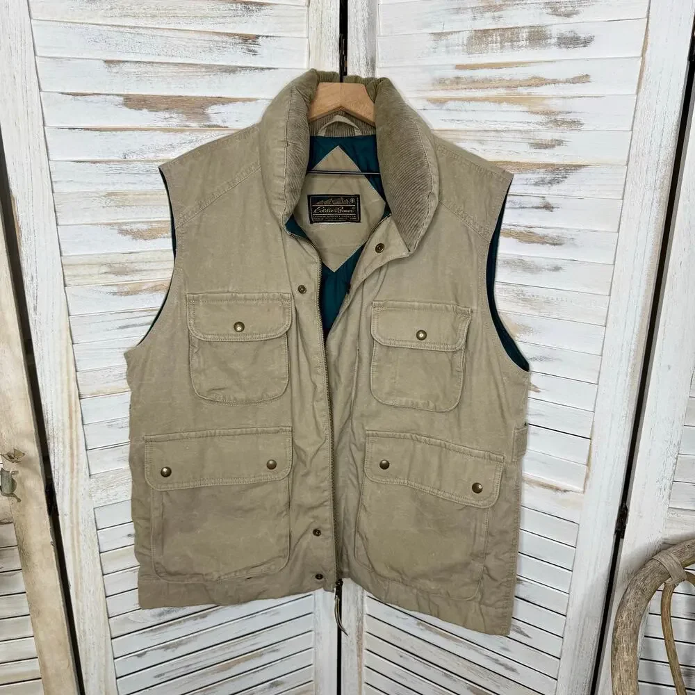 VTG EDDIE BAUER Men's L Quilted Canvas Goose Down Utility Vest Outdoor Tan
